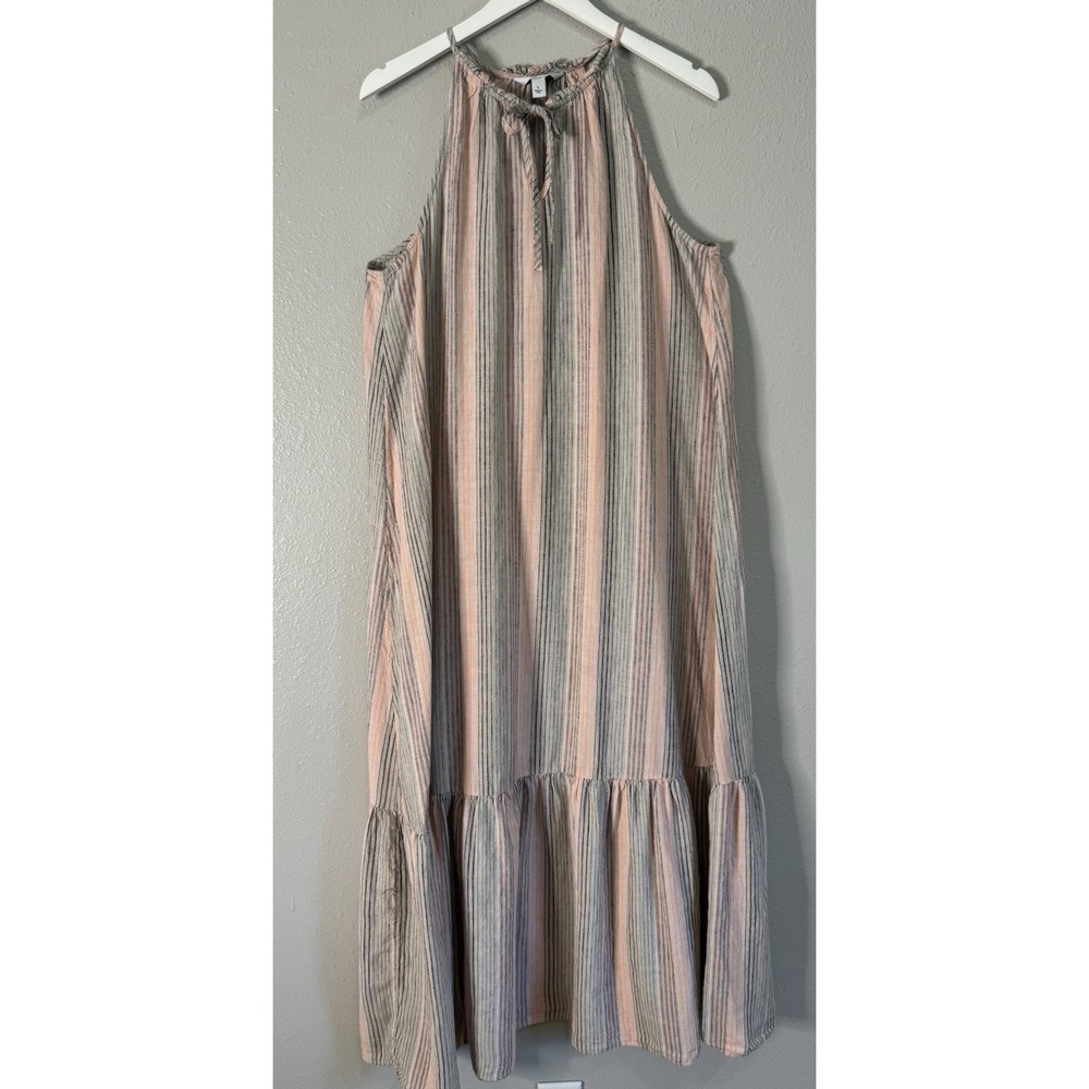 Nine West Linen Lyocell Maxi Dress Large Striped Halter Tiered Coastal Boho